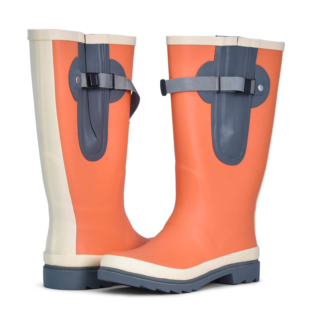 Bright orange rubber rain  boots for curvy calves
