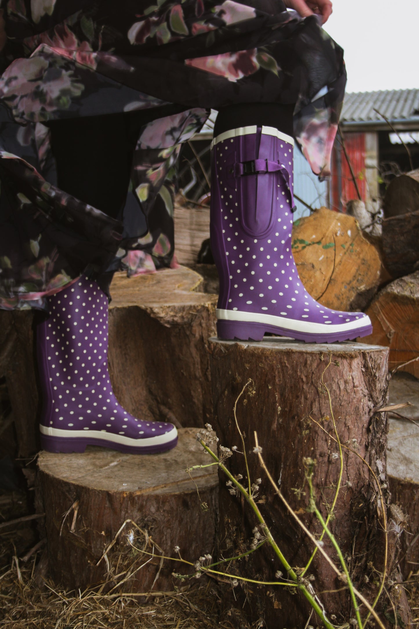 Ladies purple wide calf wellies with white polka dots