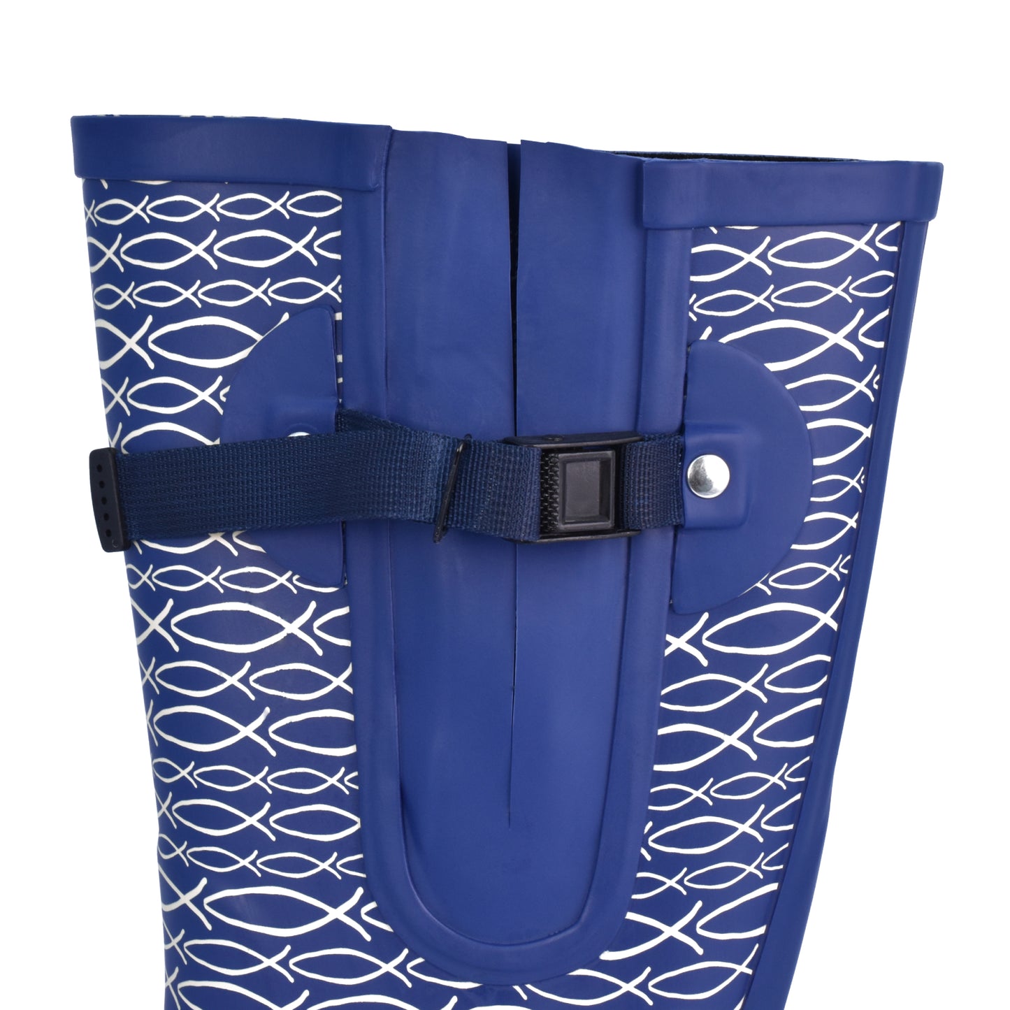 Waterproof blue wide fit boots with fish design – ideal for fuller calves