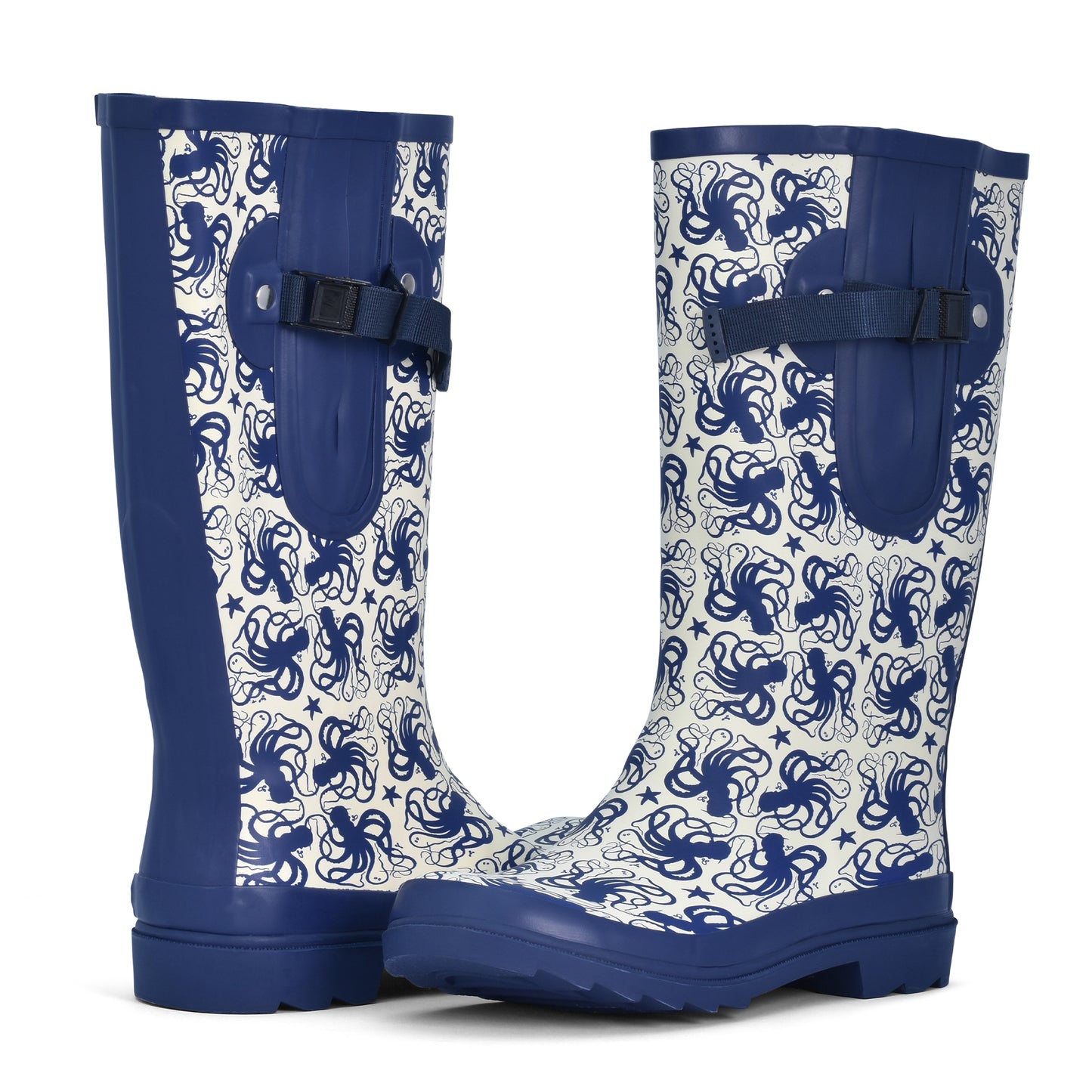 Marine-themed wide calf Wellington boots with octopus pattern – perfect for ocean enthusiasts