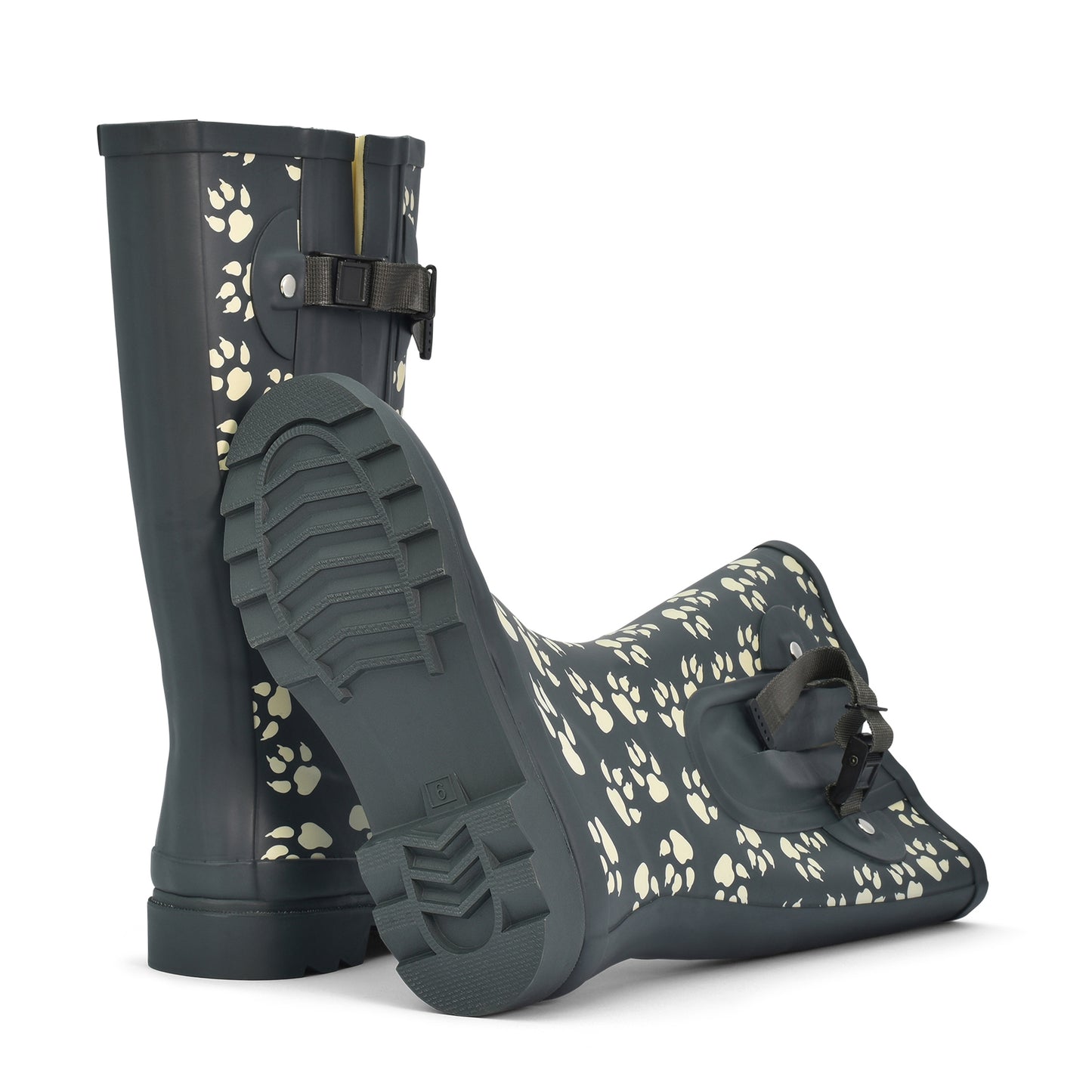 The Wide Welly Company’s grey paw print Wellington boots – wide fit and waterproof"