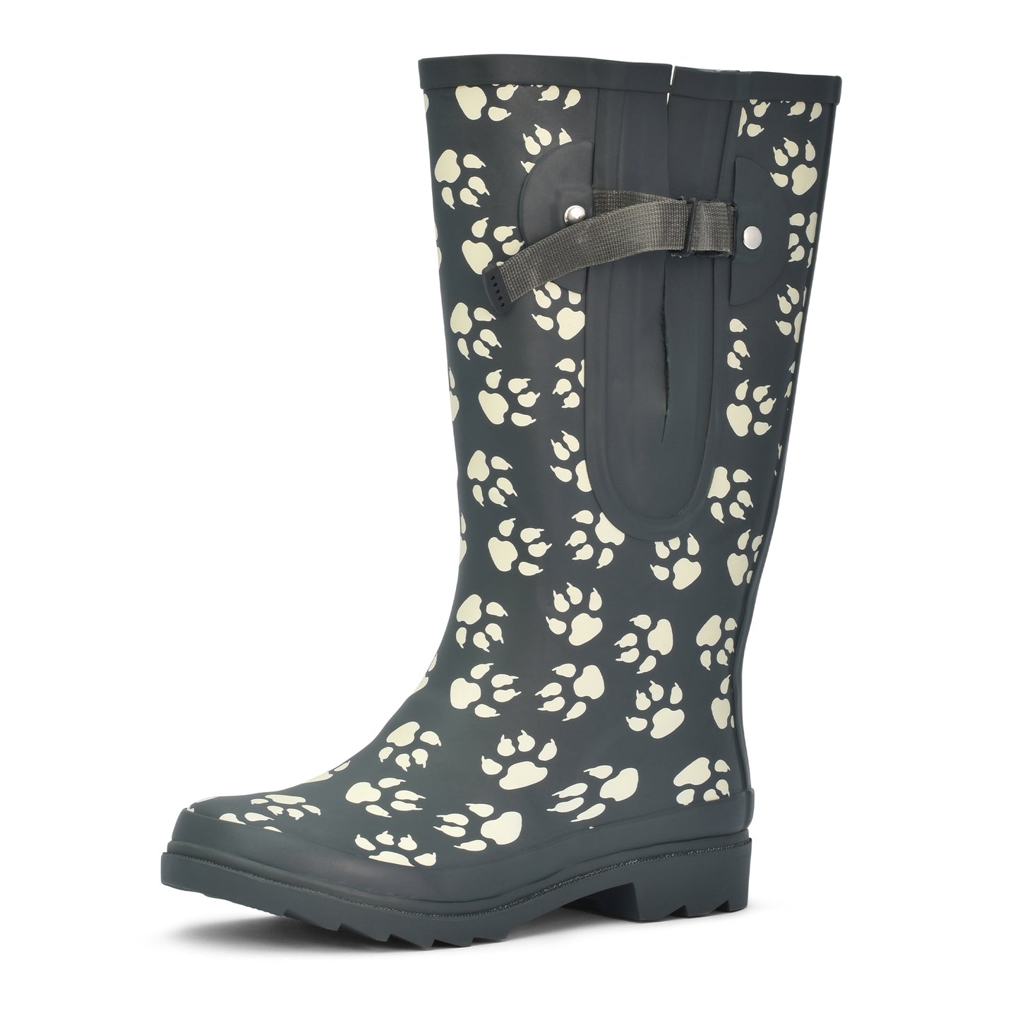 Grey wide calf wellies with white dog paw pattern – waterproof boots for dog walkers