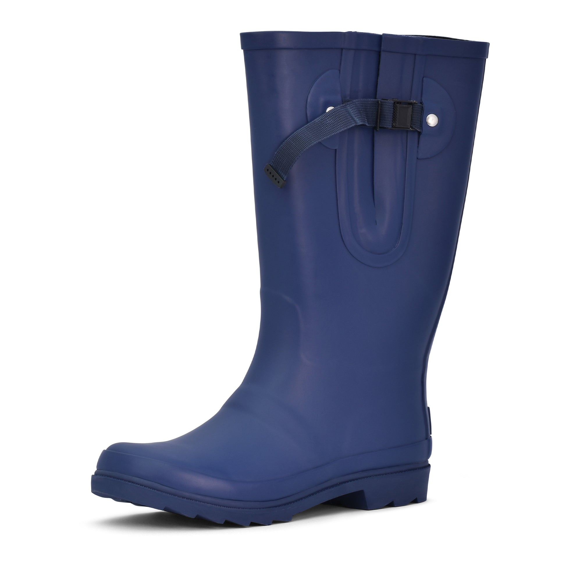 Blue rain boots with an expanding calf and adjustable strap