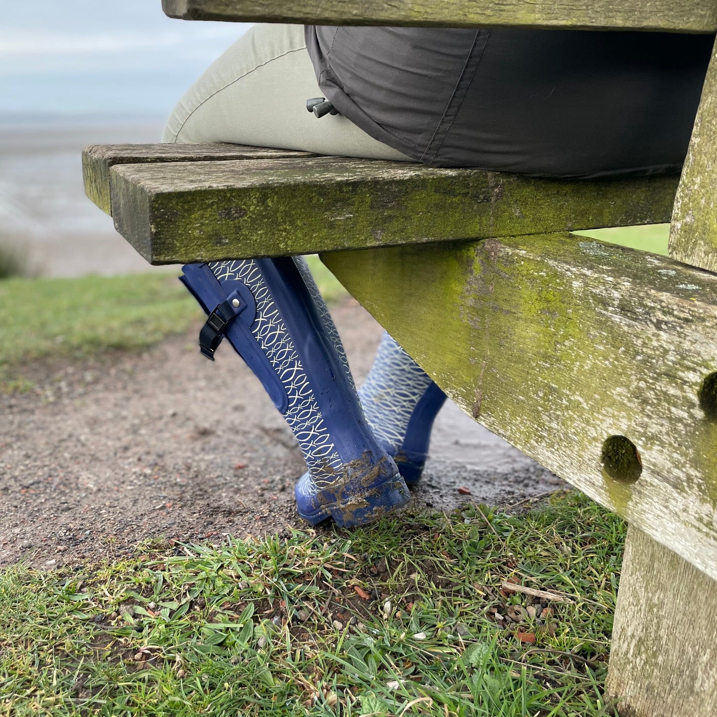 Wide fit blue wellies with expandable gusset and Christian fish symbol