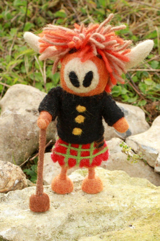 Super cute upright felted Highland Cow wearing a Kilt