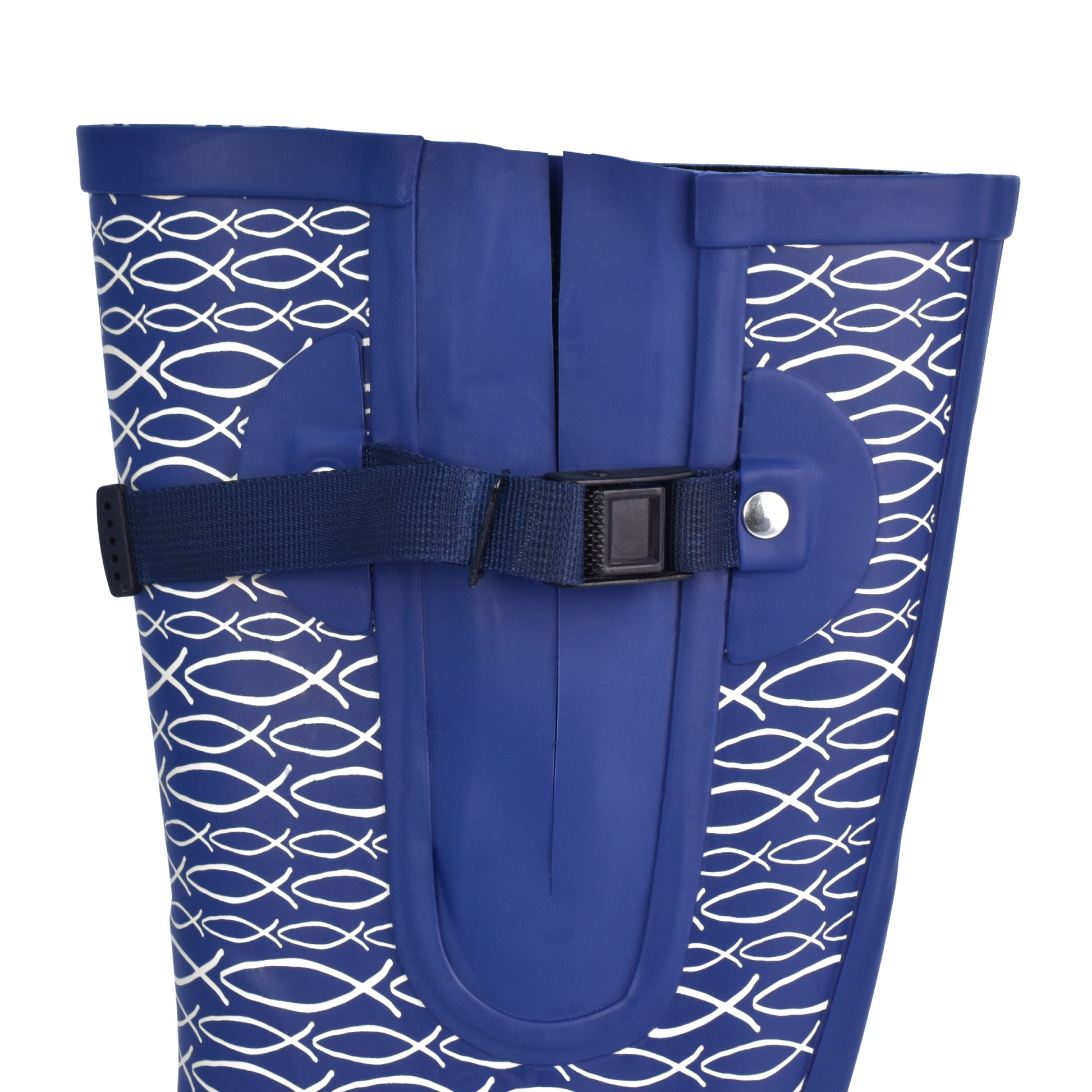 Waterproof blue wide fit boots with fish design – ideal for fuller calves
