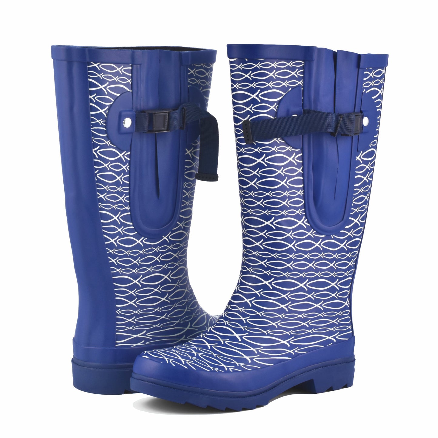 Blue waterproof wide calf boots with  fish design – great for festivals and walks