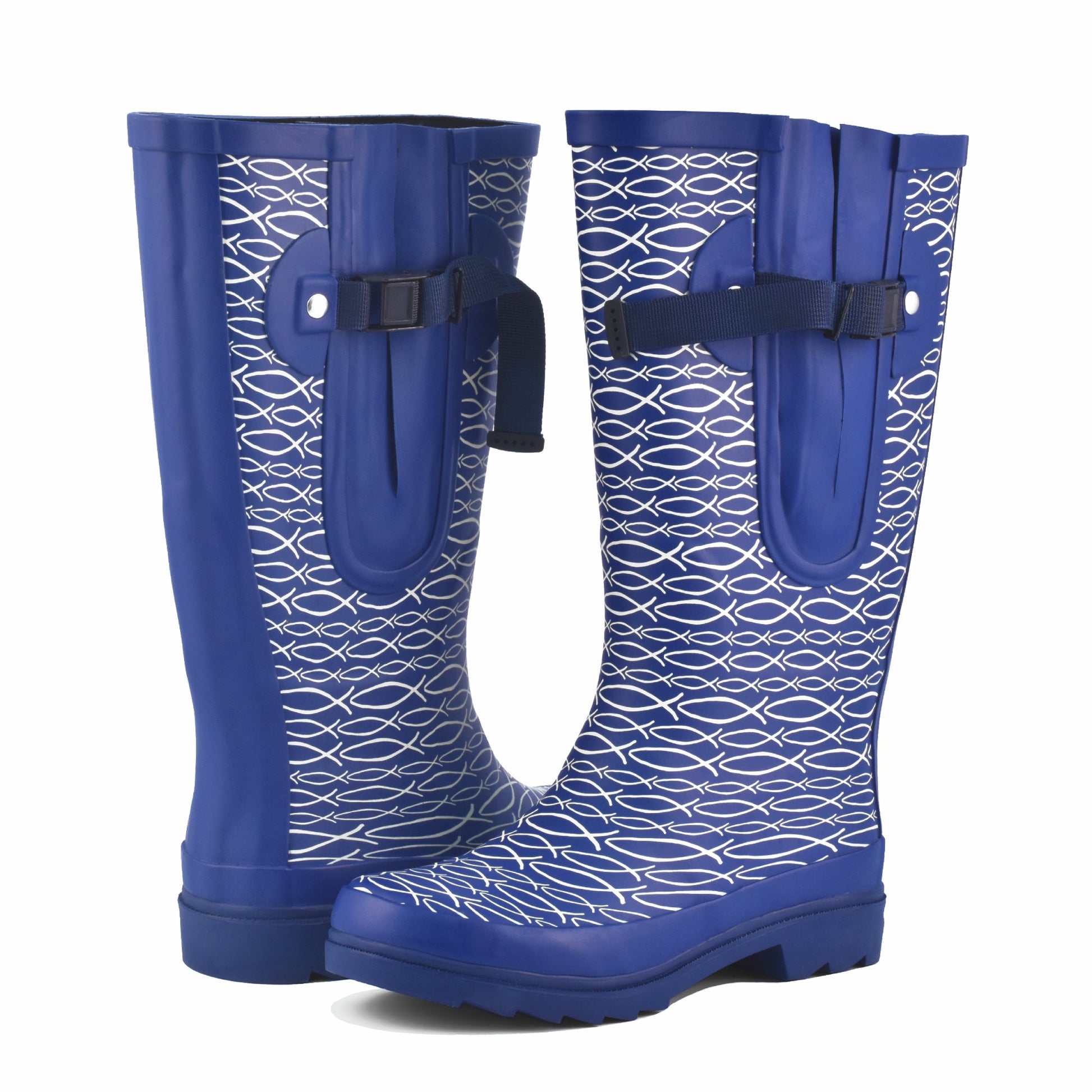 Blue waterproof wide calf boots with  fish design – great for festivals and walks