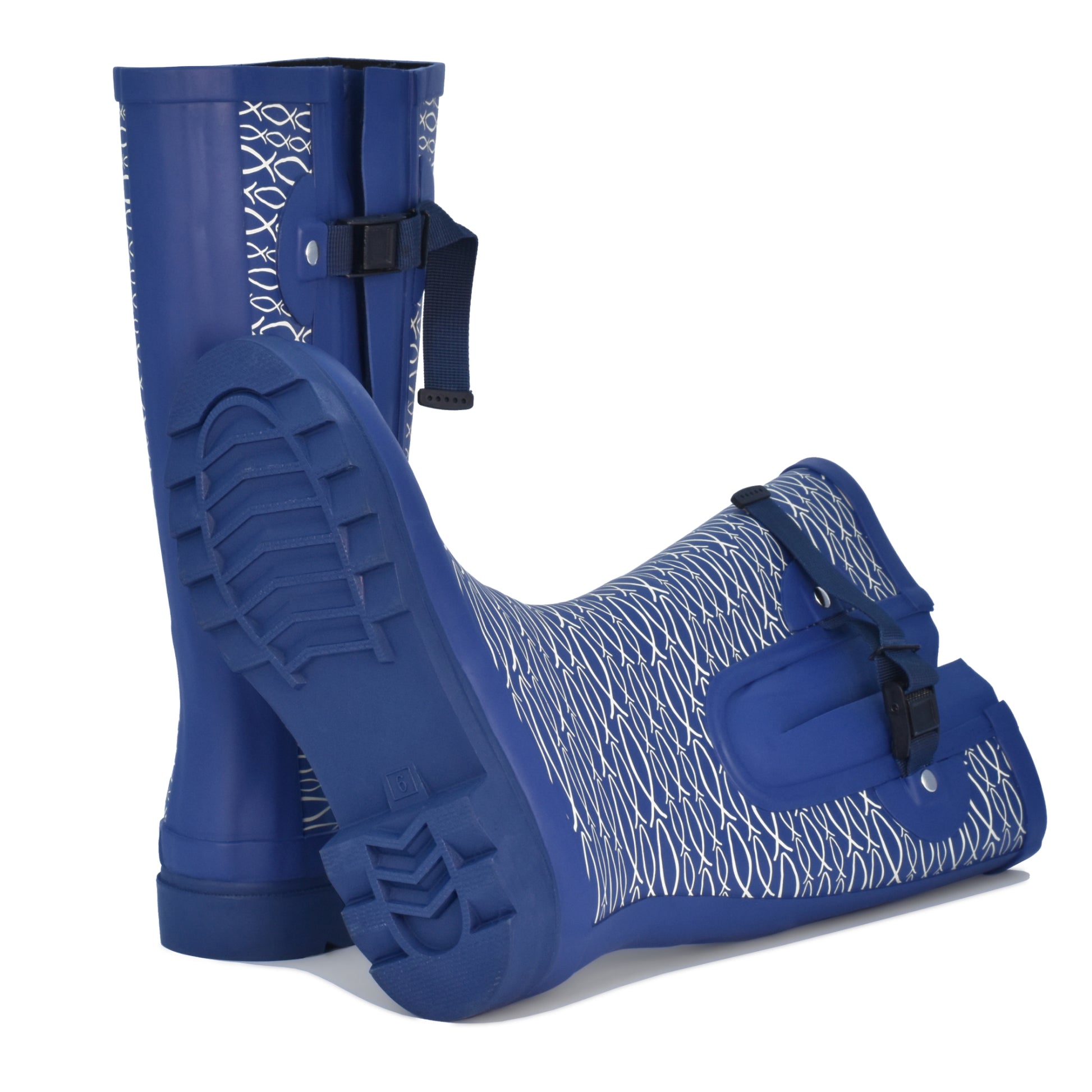 Women’s wide leg blue wellies featuring fish pattern