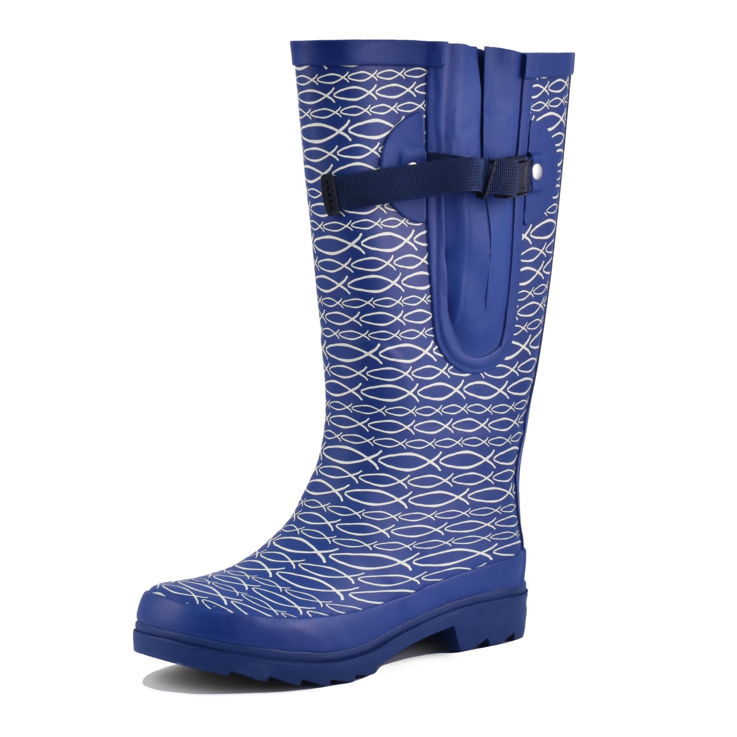 Blue wide calf Wellington boots with ichthus fish design – waterproof and adjustable