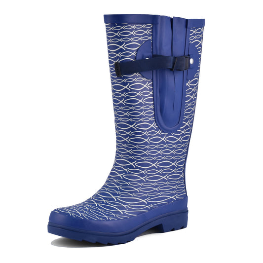 Blue wide calf Wellington boots with ichthus fish design – waterproof and adjustable
