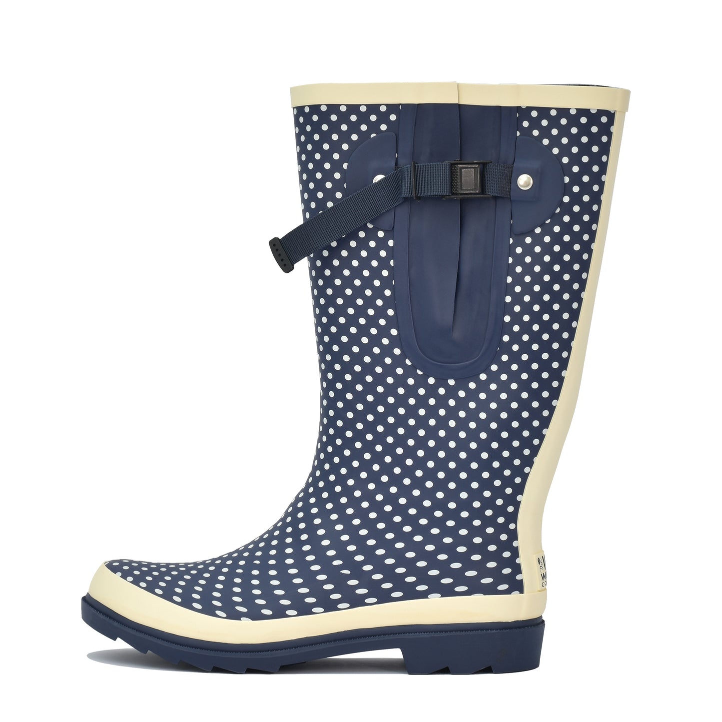 blue wide calf wellies with polka dots
